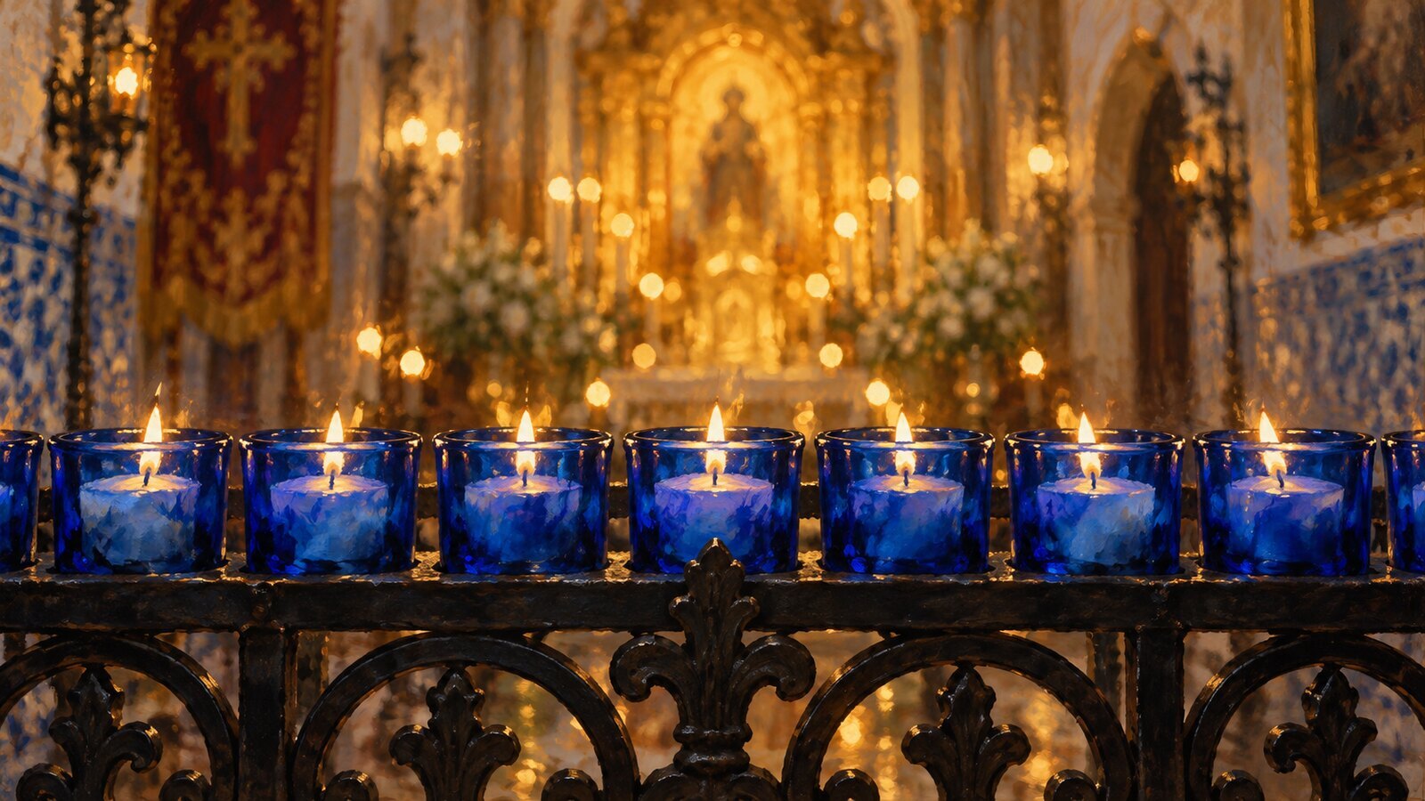 Ilustración de velas votivas azules encendidas ante un altar, para las advocaciones de la Virgen