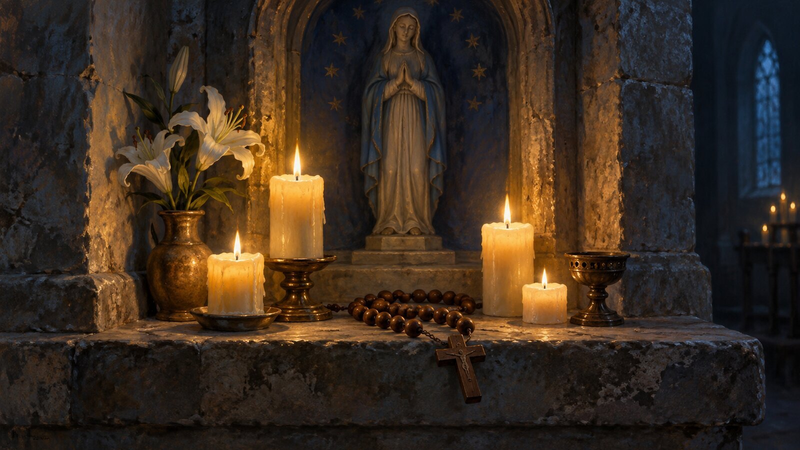 Ilustración de velas encendidas y un rosario para la oración a la Virgen de la Cabeza
