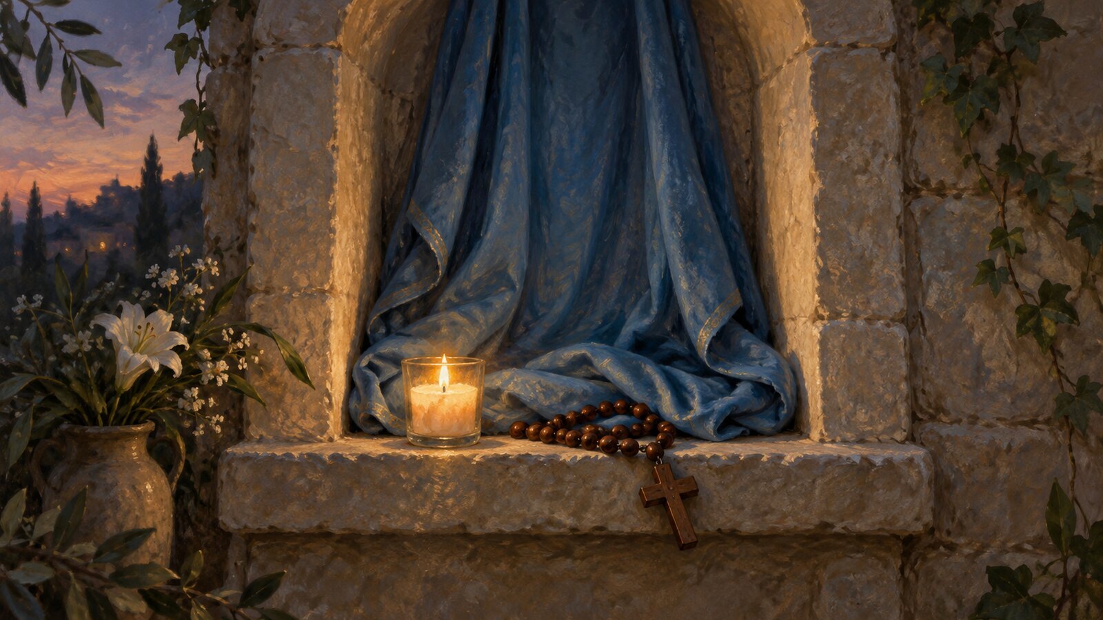Ilustración de una vela y un rosario ante una hornacina con manto azul, para rezar el Acordaos
