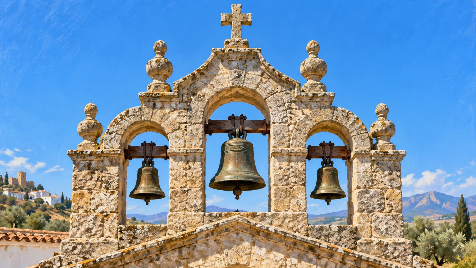 Ilustración de una espadaña con tres campanas al mediodía, la hora del Ángelus