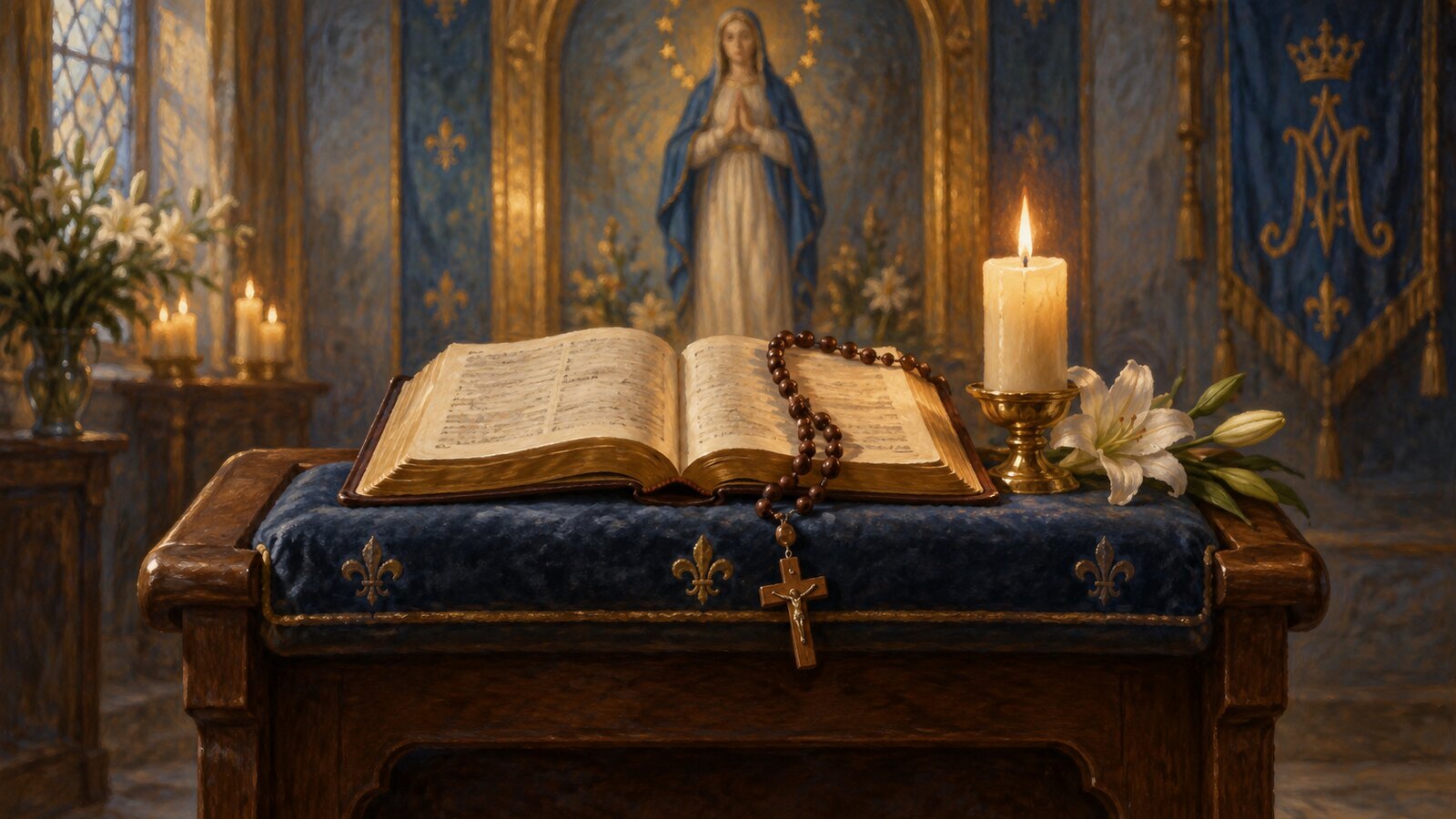 Ilustración de un devocionario abierto con un rosario y una vela, para las oraciones a la Virgen