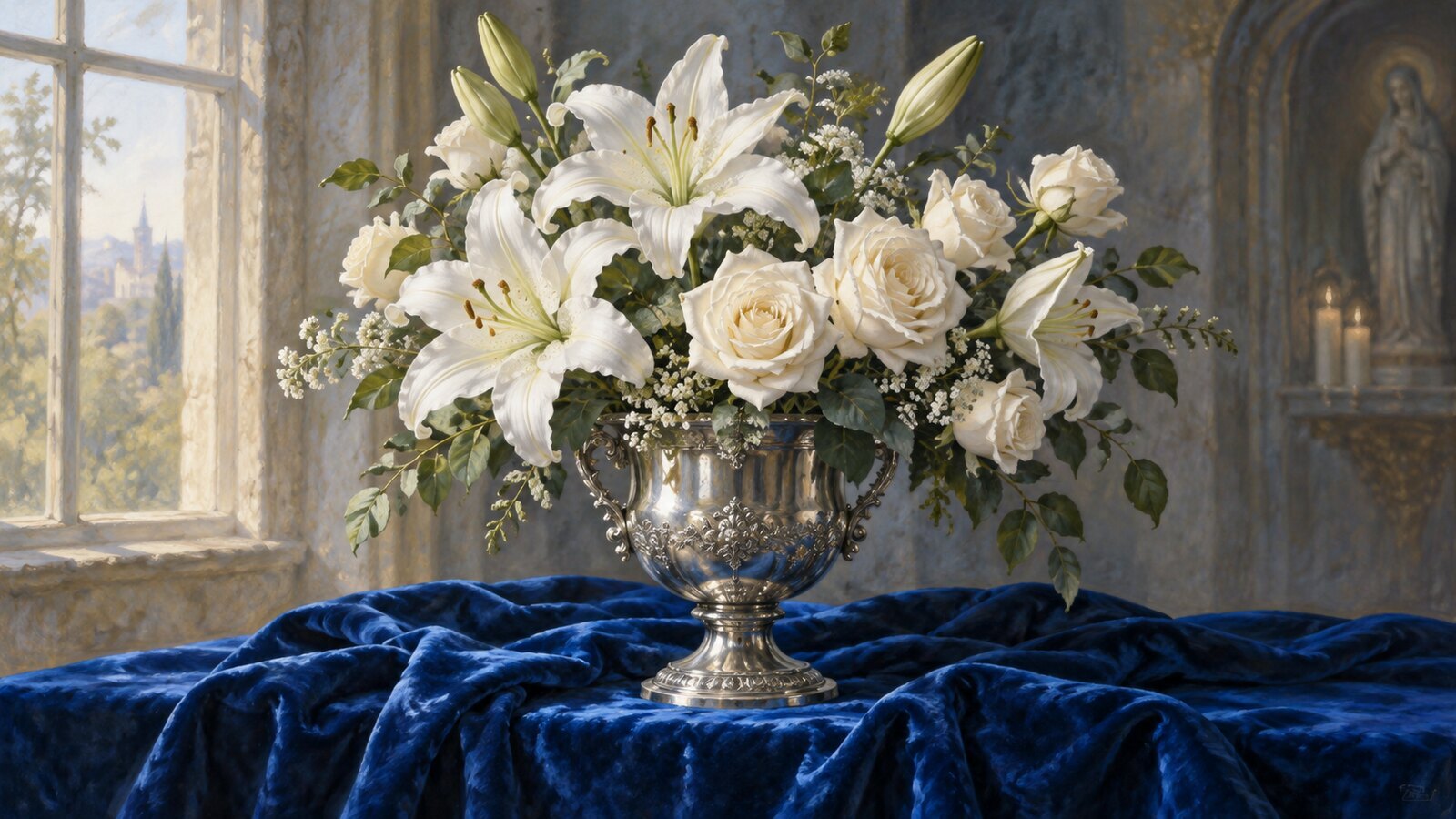 Ilustración de azucenas y rosas blancas en un jarrón de plata, símbolo de la oración Bendita sea tu pureza