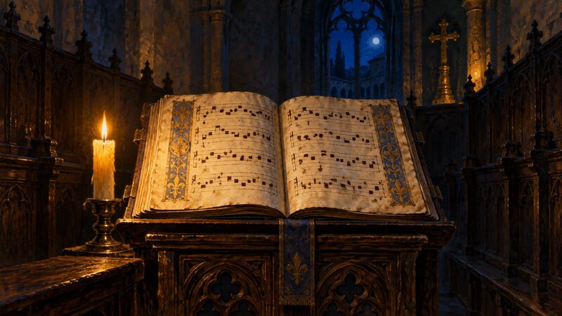 Ilustración de un libro de canto abierto en un coro a la luz de una vela, para la Salve Regina